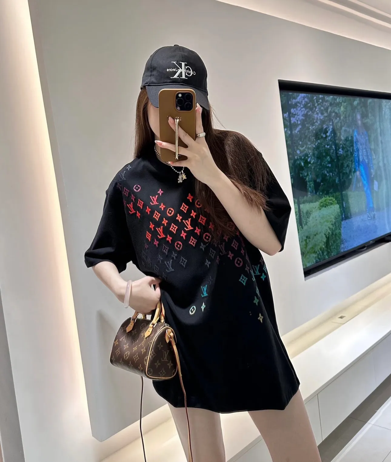 Louis Vuitton/Louis Vuitton full-width three-flower printed embroidered short sleeves